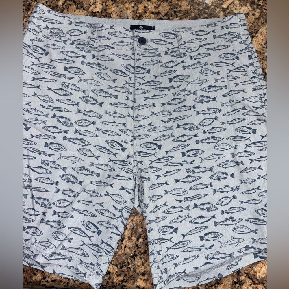 Sperry Men's XXL NEW Fish Print Swim Shorts - Gray and blue